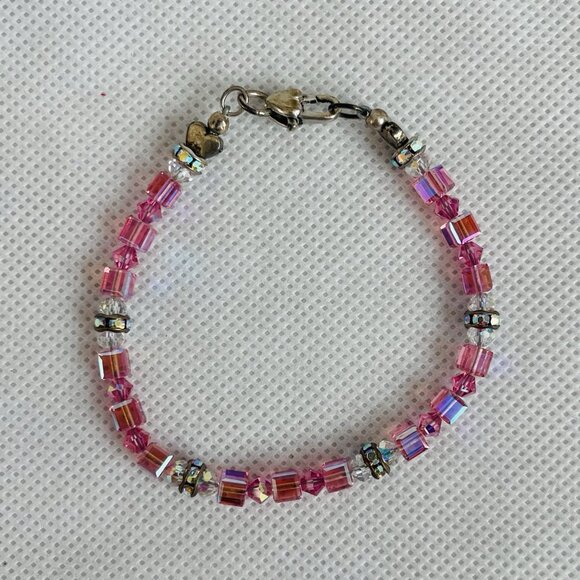 Pink and Clear Crystal Beads Bracelet with Heart Clasp NIB - Picture 3 of 4